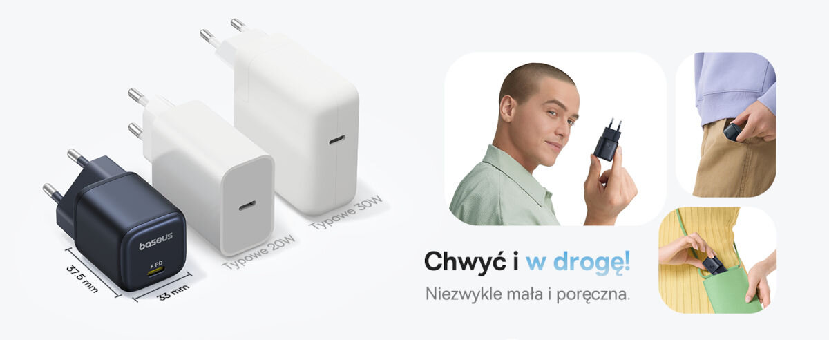 Ładowarka sieciowa BASEUS PicoGo Gan Fast Charger 45W Czarny, power delivery, iphone, samsung, czas, na białym tle porównanie wymiarów ładowarki w stosunku do standardowych, obok osoby trzymają ładowarkę pokazując jej mały wymiar