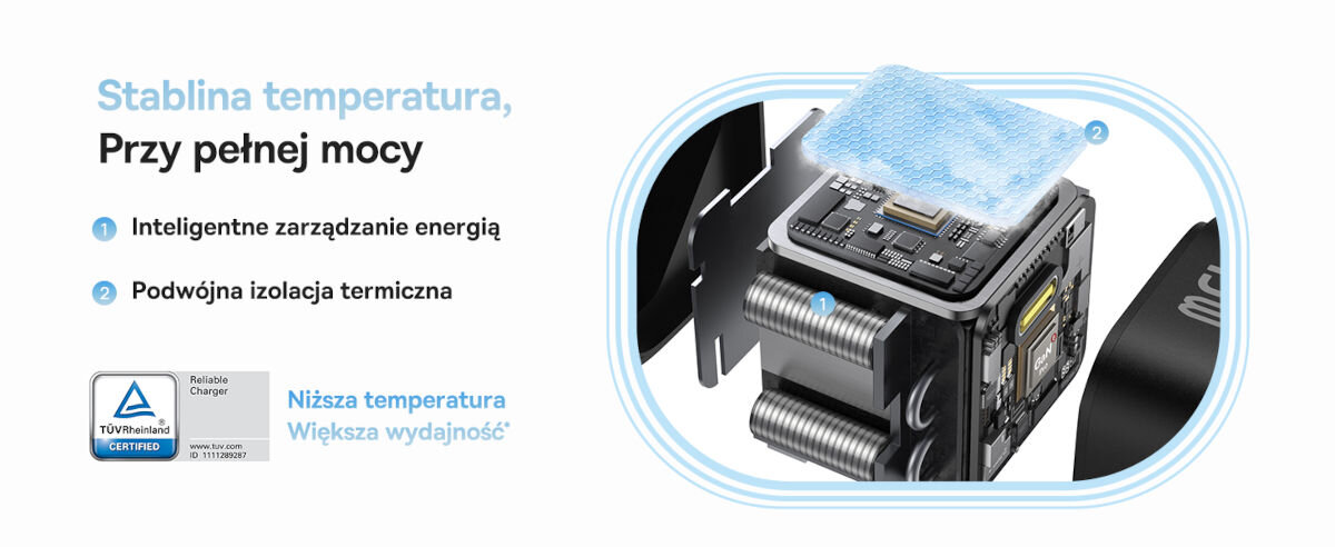 Ładowarka sieciowa BASEUS PicoGo Gan Fast Charger 45W Czarny, na białym tle wnętrze ładoawrki z wizualizacją chłodzenia i izolacją termiczną