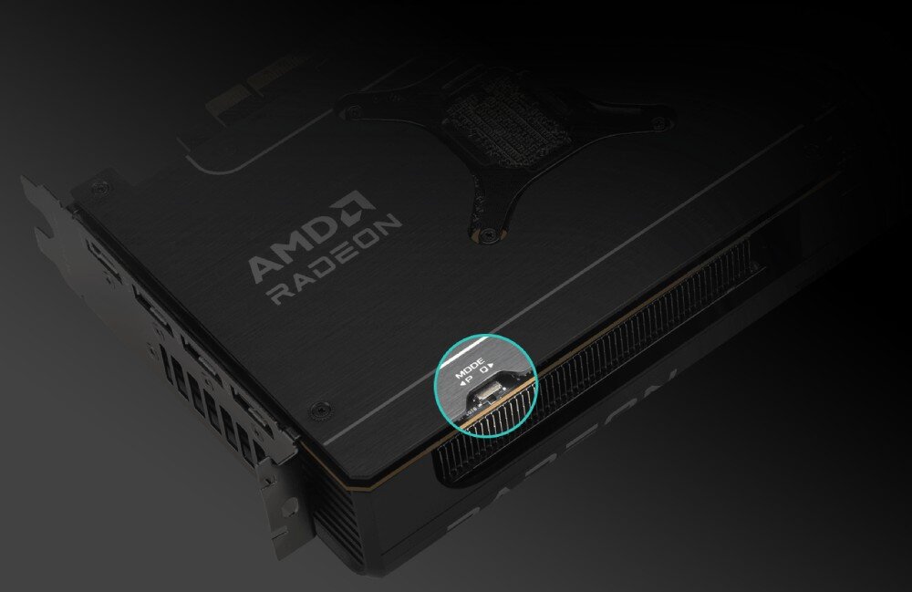 Karta graficzna ASUS Prime Radeon RX 9070 EVO OC Edition 16GB Zbliżenie na krawędź karty graficznej z zaznaczonym w kółku małym przełącznikiem fizycznym opisanym jako 'MODE P Q'