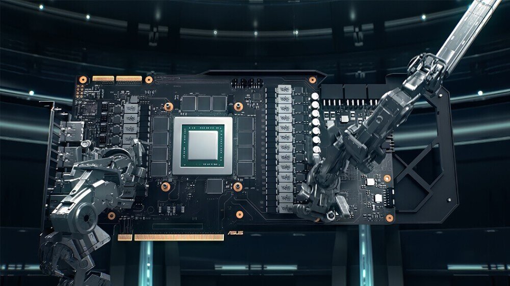 Karta graficzna ASUS Prime Radeon RX 9070 EVO OC Edition 16GB Widok na płytkę drukowaną karty graficznej w trakcie procesu produkcji z wykorzystaniem dwóch precyzyjnych ramion robotycznych na ciemnym tle