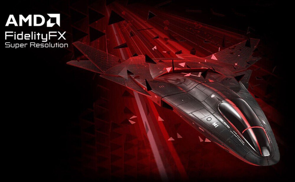 Karta graficzna ASUS Prime Radeon RX 9070 EVO OC Edition 16GB Grafika przedstawiająca nowoczesny czarny samolot z czerwonymi akcentami na ciemnoczerwonym tle z logo AMD FidelityFX Super Resolution