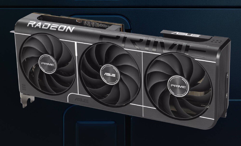 Karta graficzna ASUS Prime Radeon RX 9070 EVO OC Edition 16GB Karta graficzna ASUS Prime z trzema wentylatorami pokazana od frontu na ciemnoniebieskim tle