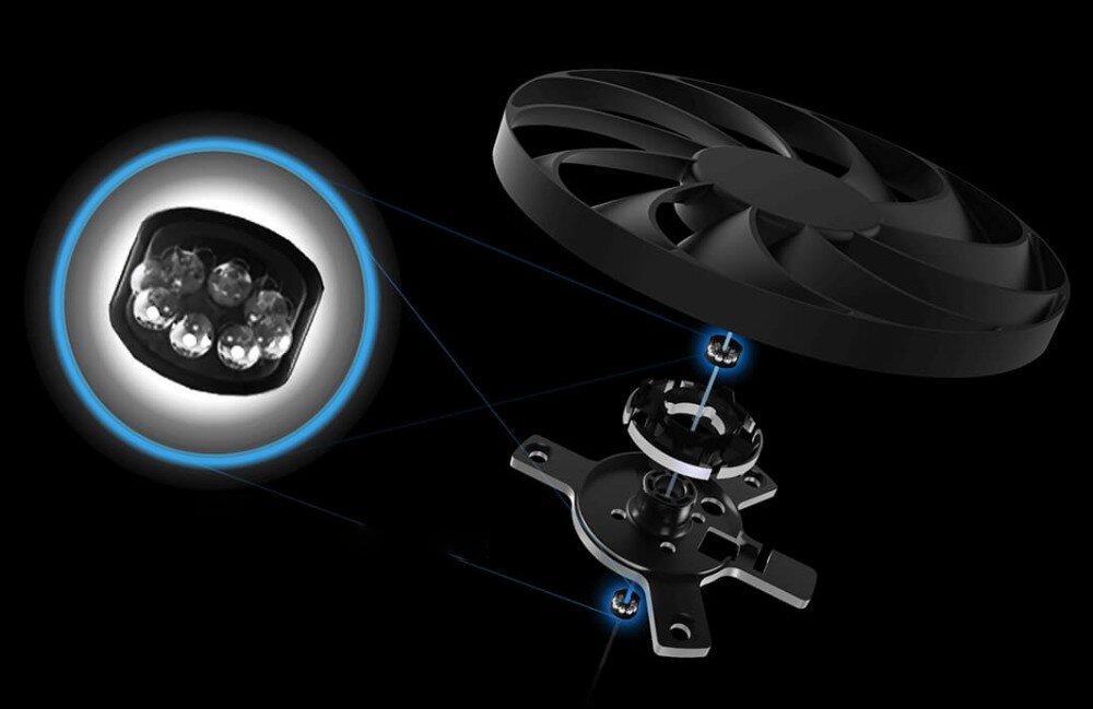 Karta graficzna ASUS Prime Radeon RX 9070 EVO OC Edition 16GB Schemat budowy wentylatora karty graficznej z powiększeniem na łożysko kulkowe oraz widocznymi poszczególnymi elementami konstrukcyjnymi