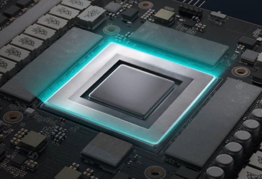 Karta graficzna ASUS Prime Radeon RX 9070 EVO OC Edition 16GB Zbliżenie na płytkę drukowaną karty graficznej z centralnie umieszczonym rdzeniem procesora graficznego otoczonym modułami pamięci i sekcją zasilania