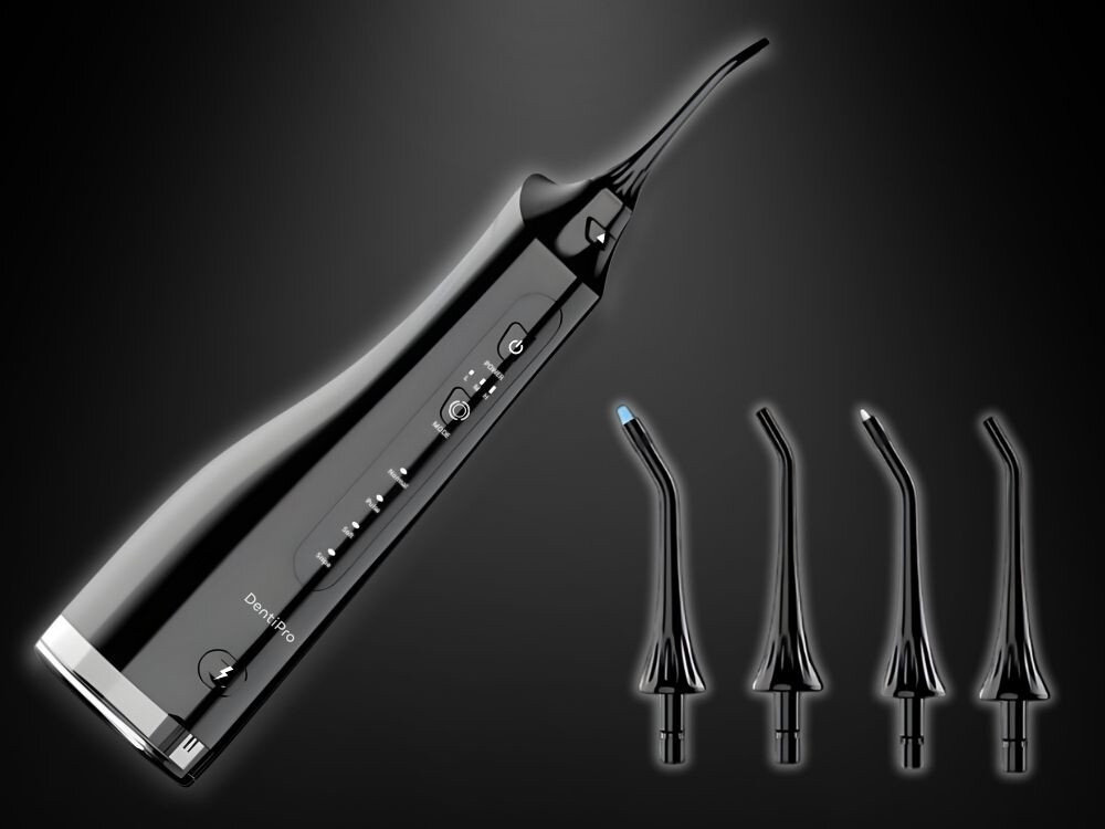Irygator do zębów ALPHA DentiPro SWF-02 Czarny Przyjazny dla każdego domownika Cicha praca Prosty panel sterowania z podświetleniem łatwa obsługa masaż dziąseł wpływ