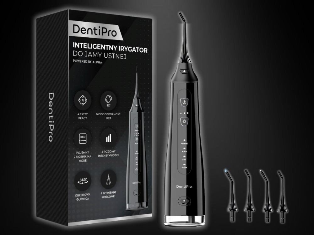 Irygator do zębów ALPHA DentiPro SWF-02 Czarny zestaw akcesoria komplet wyposazenie