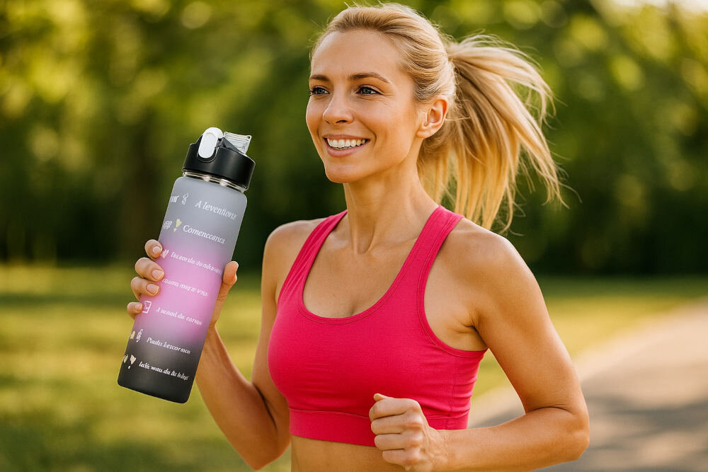 Bidon EXTRALINK 3w1 2000 ml + 900 ml + 300 ml Różowo-pomarańczowy Stała motywacja do picia Oznaczenia godzinowe i hasła motywacyjne  kontrola ilość woda wspiera koncentrację i ogranicza uczucie zmęczenia