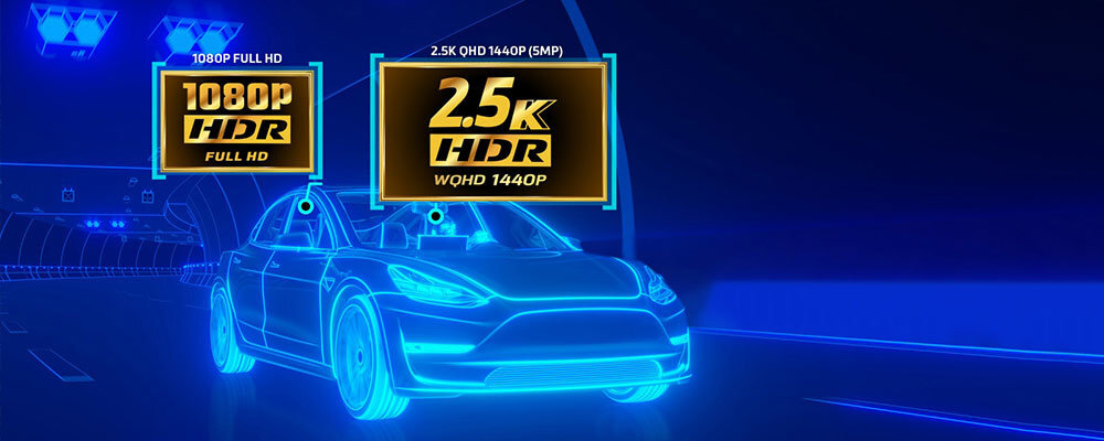 MIO MiVue 903WD dwóch kamer z przodu i z tyłu Przednia kamera rozdzielczości 2.5K Full HD Technologia HDR - symbole 2.5k hdr oraz 1080p hdr na niebieskim tle z szkicem auta