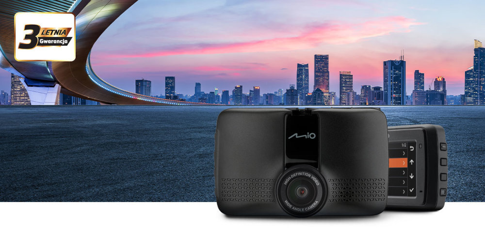 MiVue 903W - kamera na tle panoramy miasta