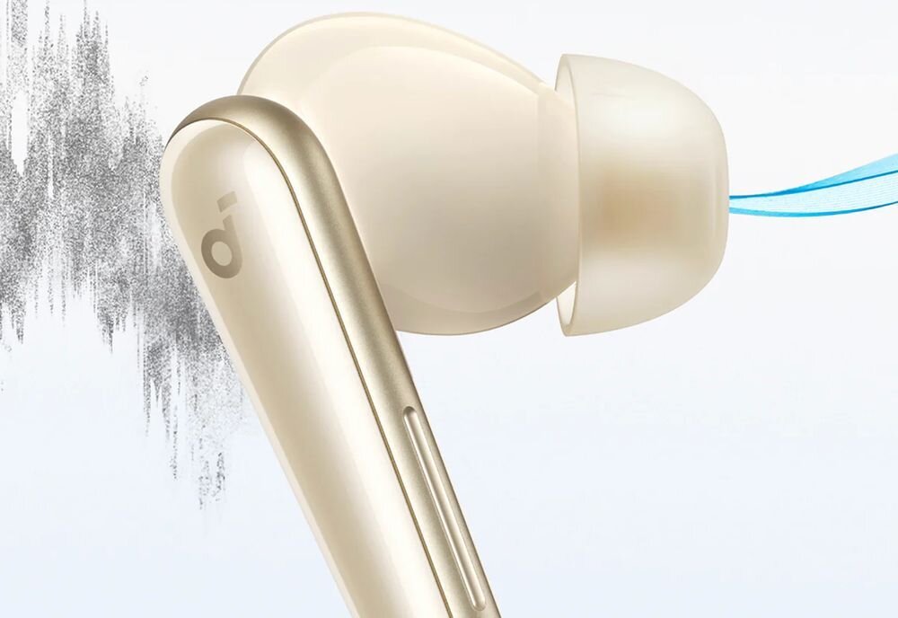 Słuchawki dokanałowe SOUNDCORE Liberty 5 ANC adaptacyjny ANC 3.0 redukcja szumów podróż biuro, słuchawka przez która przechodzi dźwięk na jasnym tle