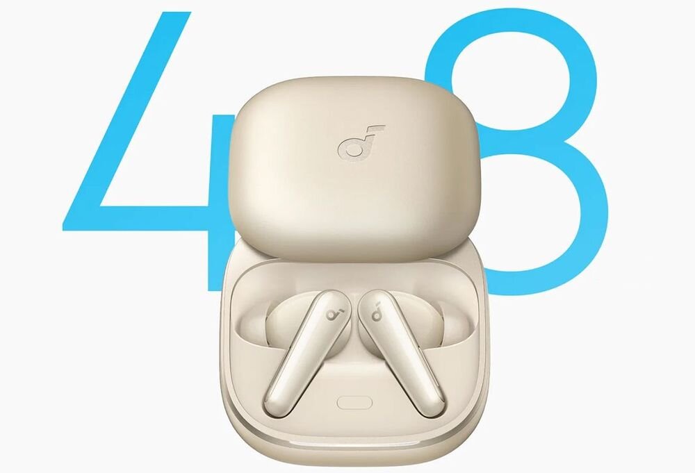 Słuchawki dokanałowe SOUNDCORE Liberty 5 ANC czas pracy 48h etui ładowanie USB-A USB-C bateria, słuchawki z etui ładującym na jasnym tle, logo 48