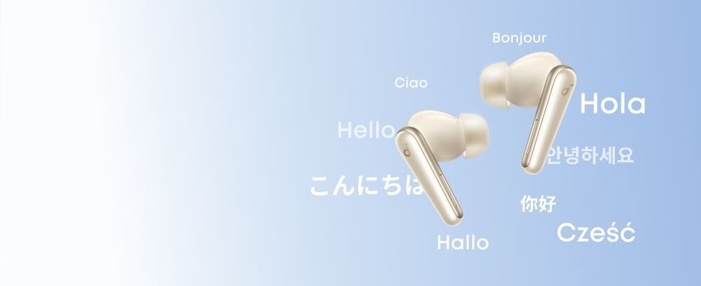 Słuchawki dokanałowe SOUNDCORE Liberty 5 ANC tłumaczenie AI 100 języków komunikacja podróż aplikacja, sluchawki na błękitnym tle