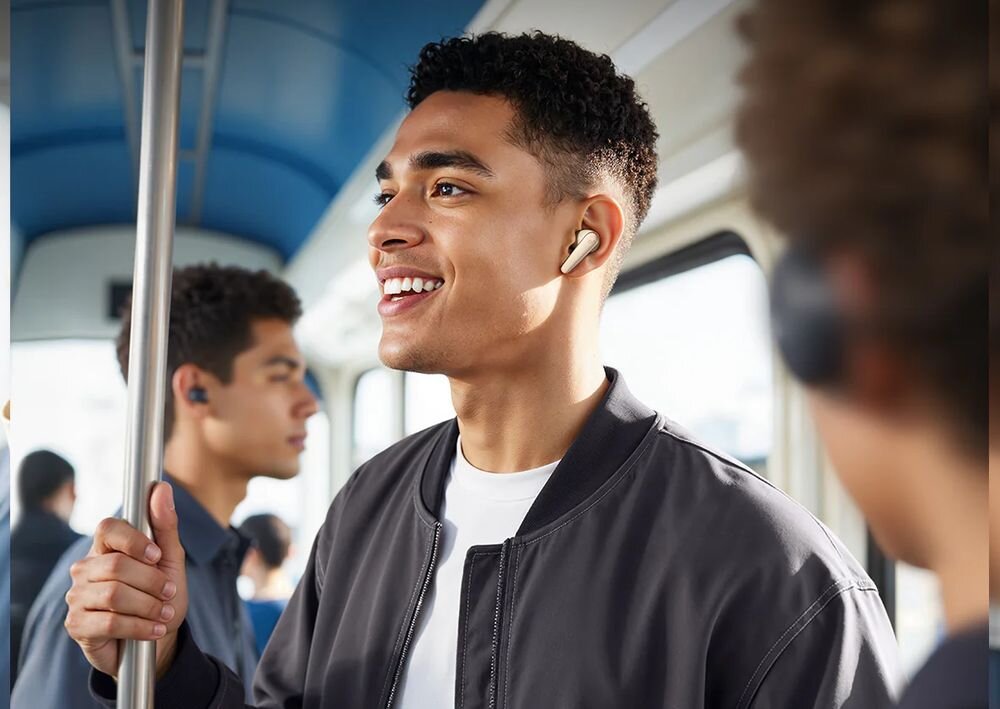 Słuchawki dokanałowe SOUNDCORE Liberty 5 ANC wkładki 6 rozmiarów dopasowanie, osoba z założonymi słuchawkami dokanałowymi