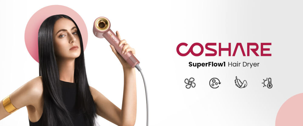 Suszarka COSHARE SuperFlow1 Pro Różowy 1600W doskonała jakość wykonania funkcjonalność moc 1600 W 12 trybów pracy głośność 55 dB kompaktowe wymiary kompoftowa w uzytkowaniu szybkie wysuszenie włosów wymarzona stylizacja