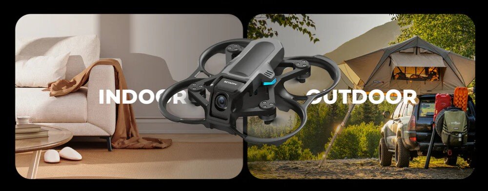 Dron BETAFPV Aquila 16 Grafika podzielona na dwie części, z lewej strony ukazująca drona w salonie z napisem 'INDOOR', a z prawej na tle namiotu i samochodu z napisem 'OUTDOOR'