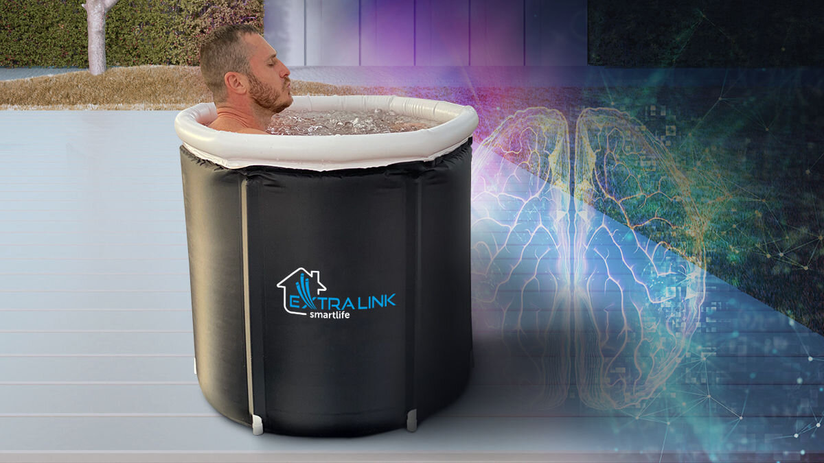 Wanna do morsowania EXTRALINK Ice Bath Therapy, Morsuj gdzie chcesz!, Mężczyzna w wannie w tle ekg tętna