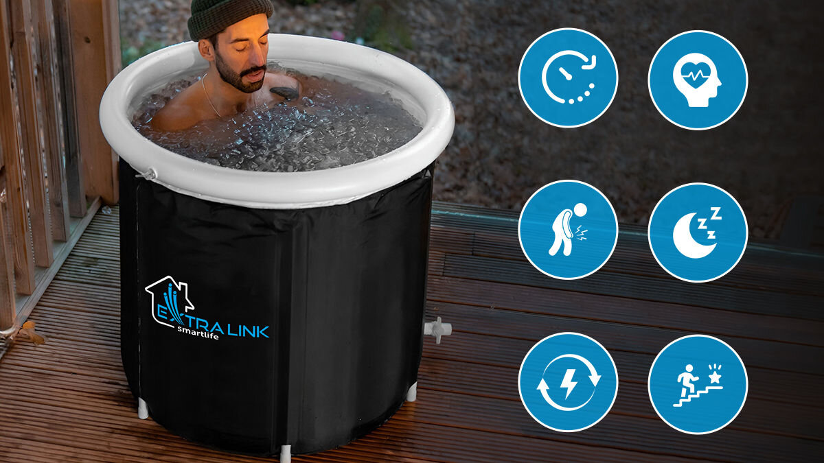 Wanna do morsowania EXTRALINK Ice Bath Therapy, Hartuj ciało i umysł zimnem, Mężczyzna w wannie, w tle wizualizacja procesów mózgu