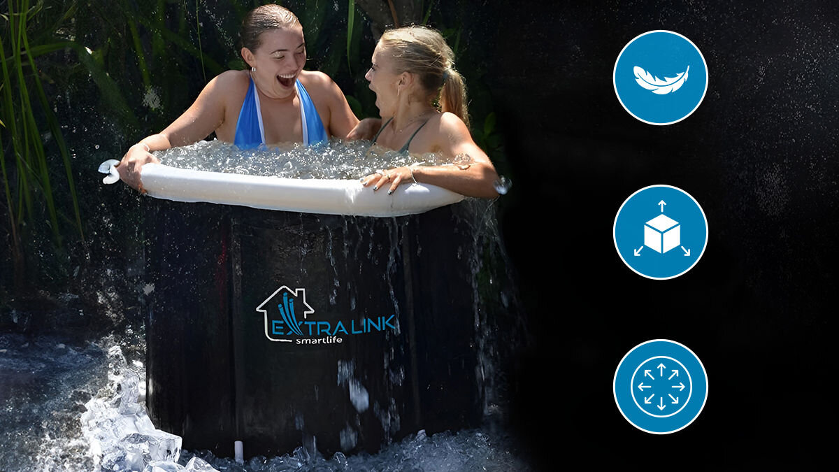 Wanna do morsowania EXTRALINK Ice Bath Therapy, Przenośność i łatwy montaż, 2 kobiety korzystają z wanny, obok na zdjęciu logotypy zalet: lekkość, transport, rozstawienie w trudnych miejscach