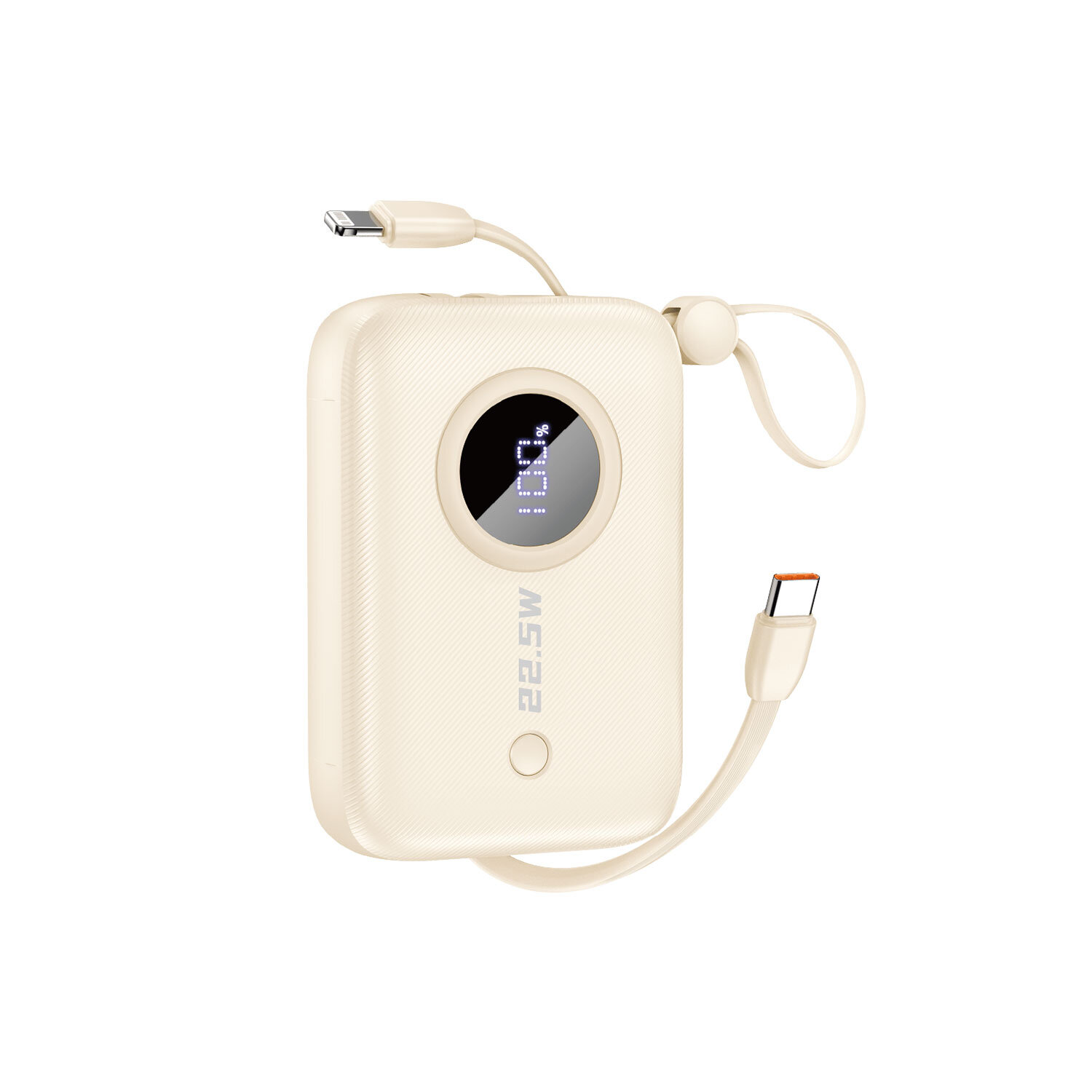 Beżowy powerbank z wyświetlaczem cyfrowym pokazującym 50% oraz wbudowanymi kablami USB-C i Lightning. Na obudowie widoczne jest logo \'MS22\'.