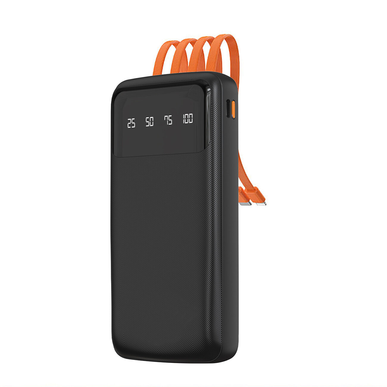 Czarny powerbank z wyświetlaczem pokazującym poziomy naładowania: 25, 50, 75, 100. Z urządzenia wychodzą pomarańczowe kable.