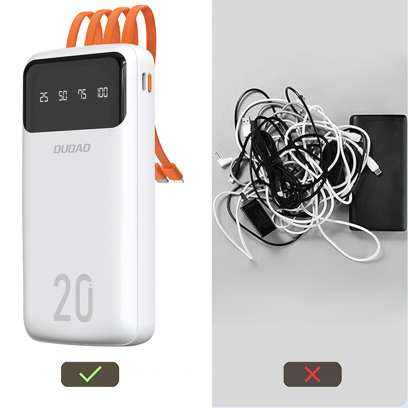 Po lewej stronie biały powerbank z wyświetlaczem pokazującym poziomy naładowania: 25, 50, 75, 100, oraz logo \'DUDAO\'. Po prawej stronie plątanina kabli i czarny powerbank, z zielonym znakiem wyboru pod powerbankiem i czerwonym znakiem krzyża pod kablami.