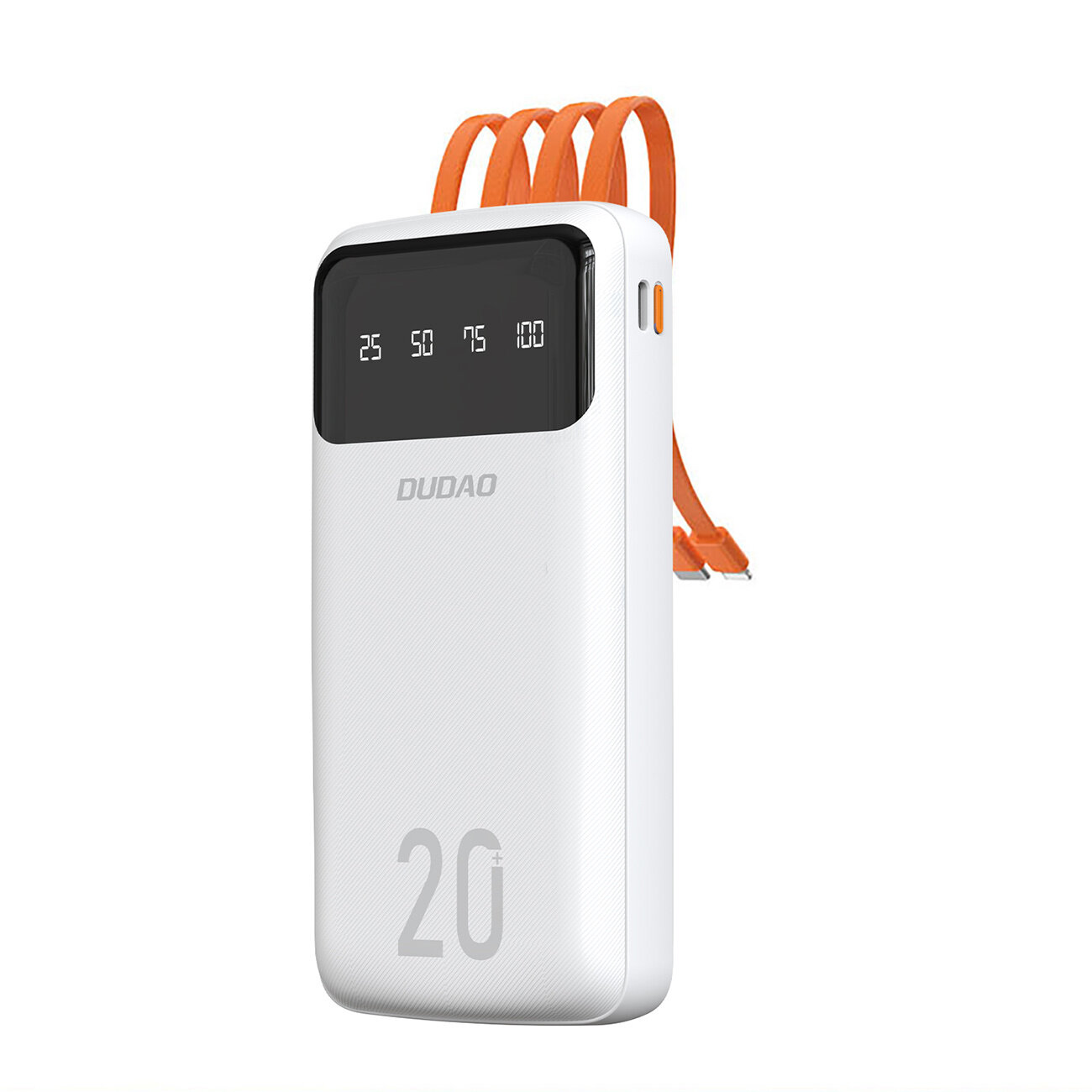 Biały powerbank z wyświetlaczem pokazującym poziomy naładowania: 25, 50, 75, 100. Na obudowie widoczne jest logo \'DUDAO\' oraz liczba \'20\', a z boku wystają trzy pomarańczowe kable.