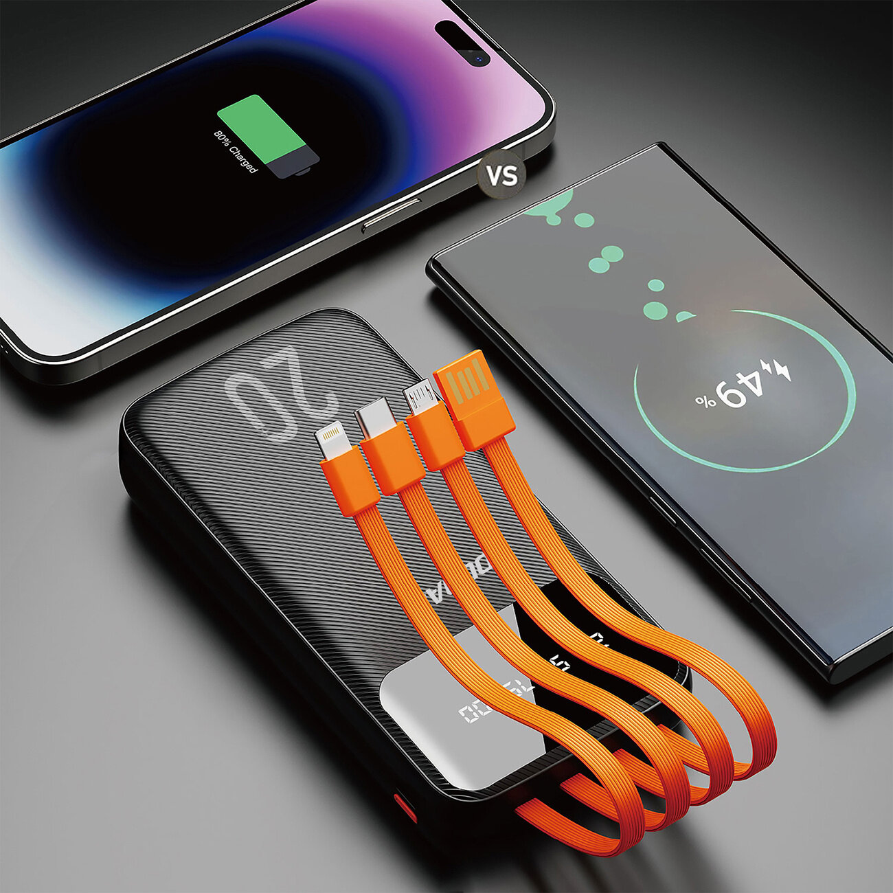 Na obrazie widoczny jest czarny powerbank z trzema wbudowanymi pomarańczowymi kablami: USB Typ C, Micro USB i Lightning. Obok znajdują się dwa smartfony z wyświetlonymi ikonami ładowania, jeden z nich pokazuje 44% naładowania.