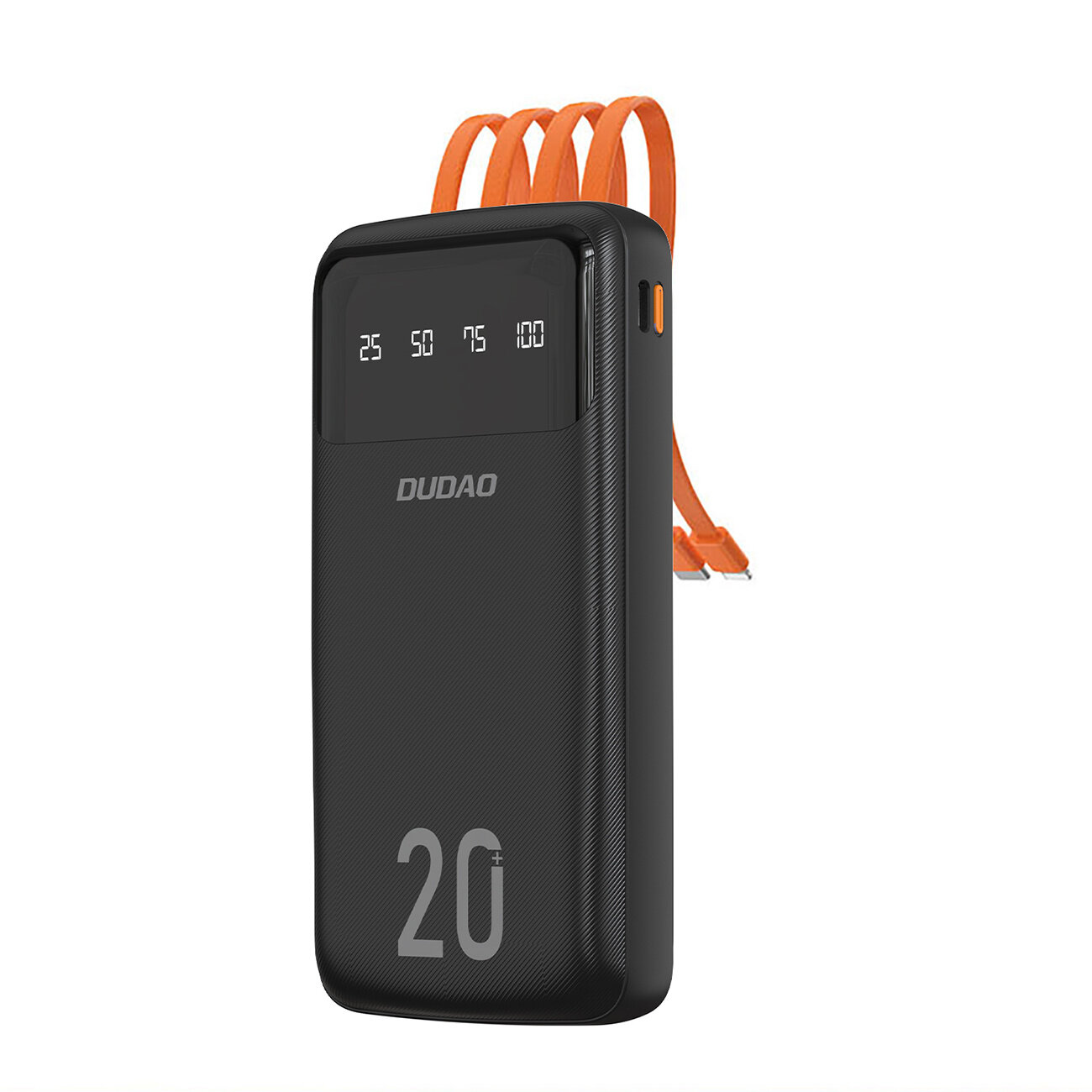 Czarny powerbank z wyświetlaczem pokazującym poziomy naładowania: 25, 50, 75, 100. Na obudowie widoczne jest logo \'DUDAO\' oraz liczba \'20+\'.