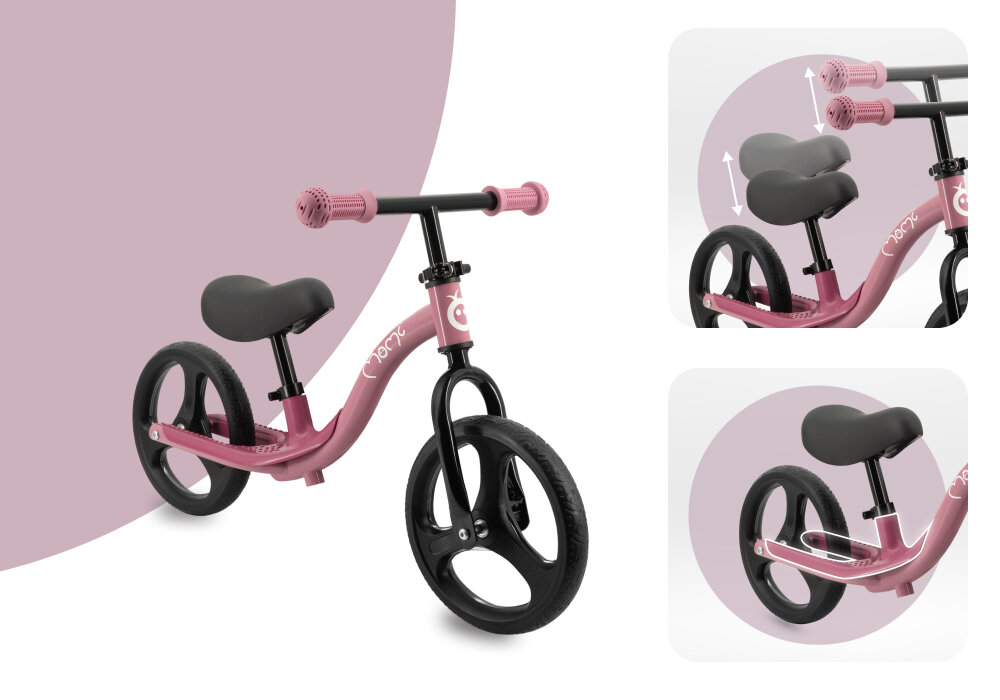 Rowerek biegowy MOMI Isoka Różowy rowerek na jasnym tle widoczny od przodu pod skosem obok dwa zdjecia ze zbliżeniem na siodełko kierownicę i podnóżki nauka równowagi koordynacji świadomego kontrolowania ruchu przygotowuje malucha do późniejszej jazdy na klasycznym rowerze rozwija motorykę aktywność na świeżym powietrzu lekka konstrukcja