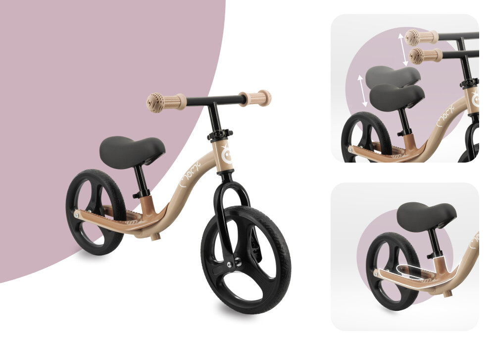 Rowerek biegowy MOMI Isoka Beżowy rowerek na jasnym tle widoczny od przodu pod skosem obok dwa zdjecia ze zbliżeniem na siodełko kierownicę i podnóżki nauka równowagi koordynacji świadomego kontrolowania ruchu przygotowuje malucha do późniejszej jazdy na klasycznym rowerze rozwija motorykę aktywność na świeżym powietrzu lekka konstrukcja