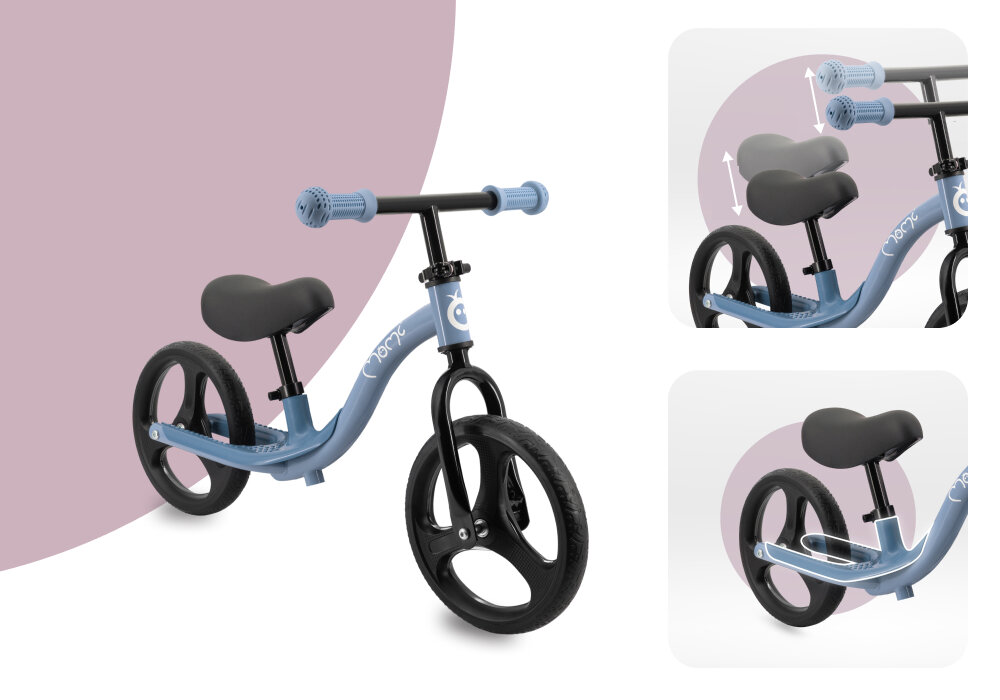 Rowerek biegowy MOMI Isoka Niebieski rowerek na jasnym tle widoczny od przodu pod skosem obok dwa zdjecia ze zbliżeniem na siodełko kierownicę i podnóżki nauka równowagi koordynacji świadomego kontrolowania ruchu przygotowuje malucha do późniejszej jazdy na klasycznym rowerze rozwija motorykę aktywność na świeżym powietrzu lekka konstrukcja