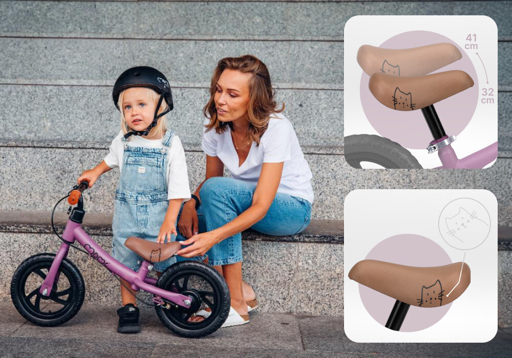 Rowerek biegowy MOMI Breki Fioletowy schody betonowe na schodach siedzi dorosła osoba obok stoi dziecko w kasku dwa zdjęcia w kółku ze zbliżeniem na siodełko pokazana regulacja miękkie regulowane siedzisko o zakresie 32–41 cm dopasowane do wysokość do wzrostu dziecka prosta regulacja prawidłowa postawa lepsze panowania nad rowerkiem