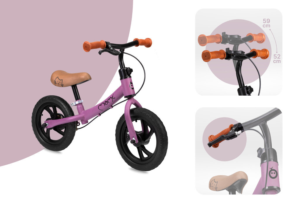 Rowerek biegowy MOMI Breki Fioletowy jasne tło rowerek widoczny od przodu pod skosem obok dwa zdjęcia ze zbliżeniem na kierownicę pokazana regulacja szeroka kierownica z gumowymi antypoślizgowymi uchwytami regulacja wysokości kierownicy od 52 do 59 cm bez użycia narzędzi dopasowanie do rosnących potrzeb użytkownika rowerek rośnie razem z dzieckiem