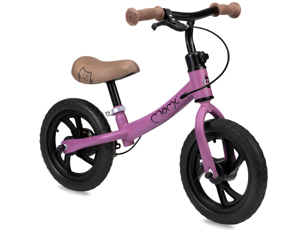 Rowerek biegowy MOMI Breki Fioletowy rowerek na białym tle widoczny od przodu pod skosem hamulec ręczny nauka kontrolowania prędkości i zatrzymywania pojazdu wspiera rozwój koordynacji wzrokowo-ruchowej łagodna reakcja hamulca daje poczucie kontroli bezpieczeństwo