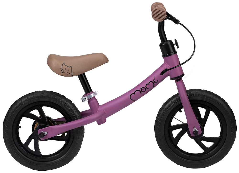Rowerek biegowy MOMI Breki Fioletowy rowerek na białym tle widoczny z boku europejskie normy EN 71-1, EN 71-2 i EN 71-3 bezpieczeństwo zastosowanych materiałów i konstrukcji odpowiedni dla dzieci od 3. roku życia do maksymalnej wagi do 25 kg sprawdzony pod kątem użytkowania przez najmłodszych