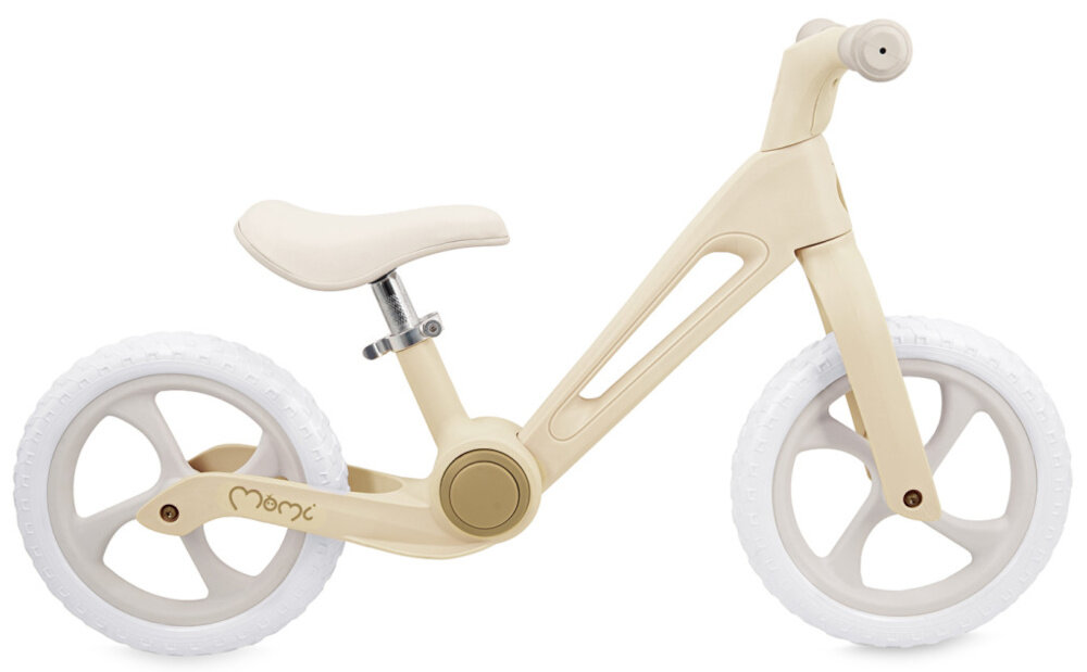 Rowerek biegowy MOMI Noru Żółty rowerek na białym tle widoczny z boku nauka równowagi koordynacji świadomego kontrolowania ruchu przygotowuje malucha do późniejszej jazdy na klasycznym rowerze rozwija motorykę aktywność na świeżym powietrzu lekka konstrukcja