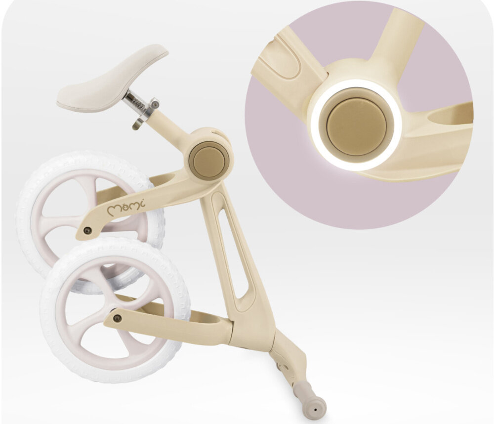 Rowerek biegowy MOMI Noru Żółty złożony rowerek na jasnym tle obok zdjęcie ze zbliżeniem na przycisk do złożenia składany mechanizm ramy szybkie złożenie przy użyciu jednego przycisku ułatwia przechowywanie prosty system składania