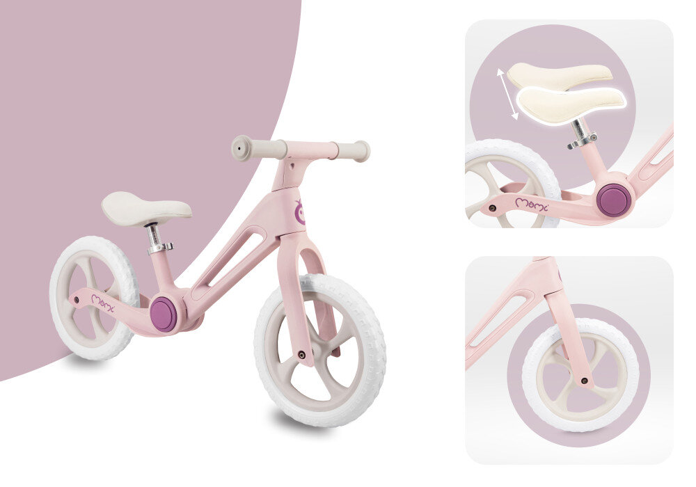 Rowerek biegowy MOMI Noru Różowy rowerek na jasnym tle widoczny od przodu pod skosem obok dwa zdjecia ze zbliżeniem na siodełko i koło aktywność rozwój pierwszy pojazd dziecka