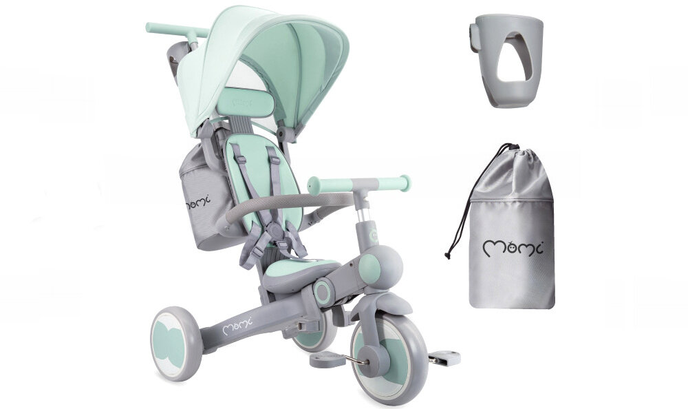 Rowerek trójkołowy MOMI Solivia 4w1 Opony Eva Zielony zestaw na jasnym tle w zestawie rowerek torba uchwyt na kubek dokumentacja