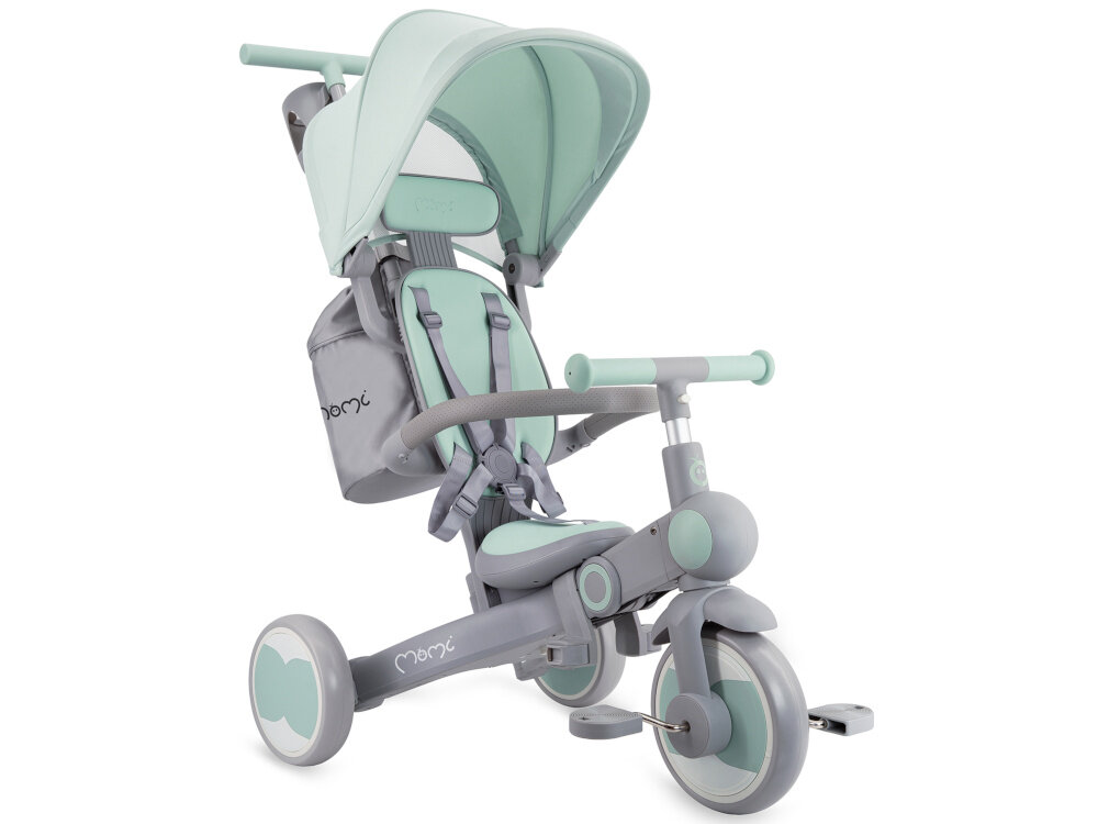 Rowerek trójkołowy MOMI Solivia 4w1 Opony Eva Zielony rączka rowerek na białym tle widoczny od przodu pod skosem regulacja kierownicy w zakresie 52–57 cm jeden przycisk zagłówek i siedzisko również można dopasować do wzrostu dziecka wygodna jazda maluch utrzymuje bardziej naturalną postawę
