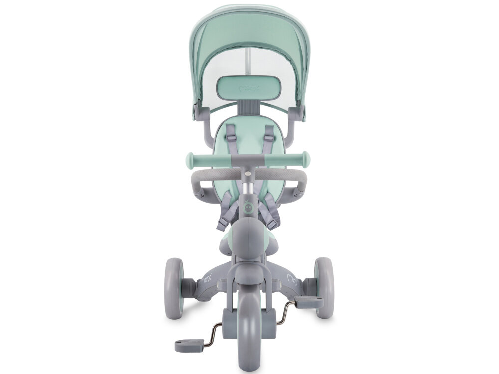 Rowerek trójkołowy MOMI Solivia 4w1 Opony Eva Zielony rączka rowerek na białym tle widoczny od przodu siedzisko oparcie zagłówek i pałąk obszyte miękką ekoskórą wygodę miękkie materiały dla dzieci o maksymalnej wadze do 25 kg
