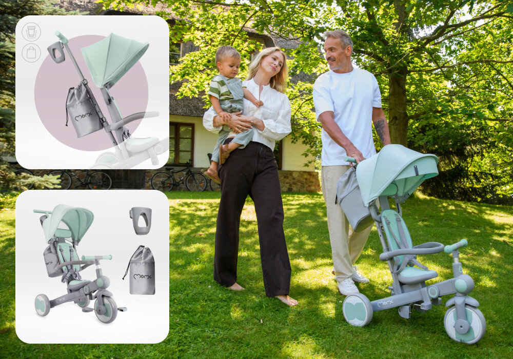 Rowerek trójkołowy MOMI Solivia 4w1 Opony Eva Zielony rączka park trawnik dom dwoje dorosłych osób idzie po trawniku jedna osoba pcha rowerek przed sobą druga niesie dziecko na rękach obok dwa zdjęcia ze zbliżeniem na torbę i uchwyt na kubek uchwyt na kubek praktyczna torba organizacja drobiazgów wspiera codzienne funkcjonowanie rodziny