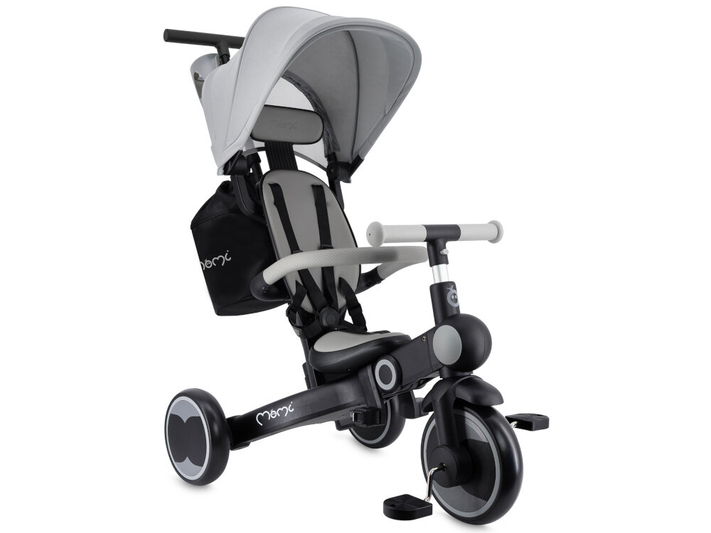 Rowerek trójkołowy MOMI Solivia 4w1 Opony Eva Szary rączka rowerek na białym tle widoczny od przodu pod skosem wielofunkcyjny rośnie z dzieckiem mobilność zabawa spacer