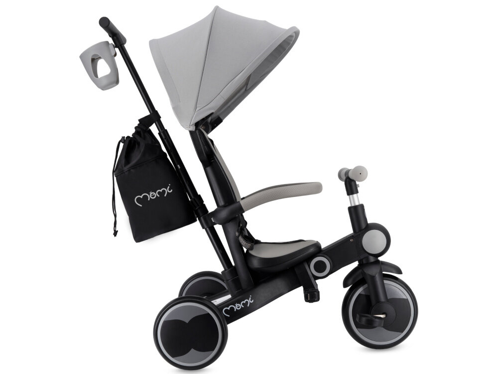 Rowerek trójkołowy MOMI Solivia 4w1 Opony Eva Szary rączka rowerek na białym tle widoczny z boku dla dzieci od 12. miesiąca życia nauka równowagi koordynacji samodzielnej jazdy zachęca do ruchu i aktywności na świeżym powietrzu