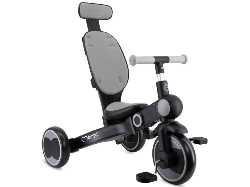 Rowerek trójkołowy MOMI Solivia 4w1 Opony Eva Szary rączka rowerek na białym tle widoczny od przodu pod skosem rowerek bez daszka i pasów spełnia normy EN 71-1 EN 71-2 i EN 71-3 zgodność z europejskimi wymaganiami dotyczącymi bezpieczeństwa produkt jest odpowiedni do codziennego użytkowania przez dziecko