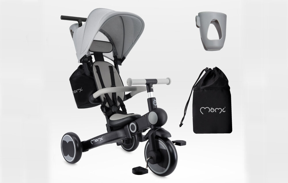 Rowerek trójkołowy MOMI Solivia 4w1 Opony Eva Szary zestaw na jasnym tle w zestawie rowerek torba uchwyt na kubek dokumentacja