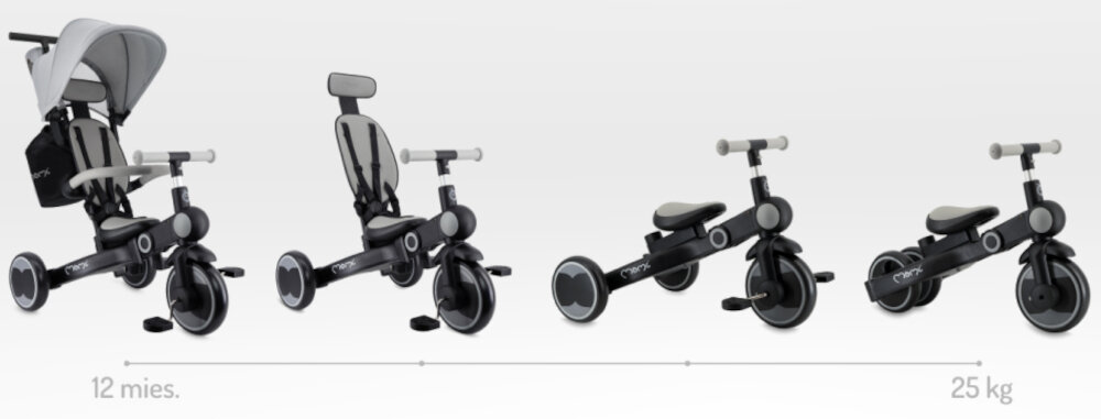 Rowerek trójkołowy MOMI Solivia 4w1 Opony Eva Szary rączka 4 ujęcia rowerka pokazane tryby użytkowania cztery tryby użytkowania klasyczny trójkołowiec pojazd do samodzielnej jazdy jeździk rowerek biegowy możliwość aktywnego spędzania czasu opcja demontażu oparcia pałąka pasów pedałów i uchwytu rodzica łatwo dostosować do etapu rozwoju