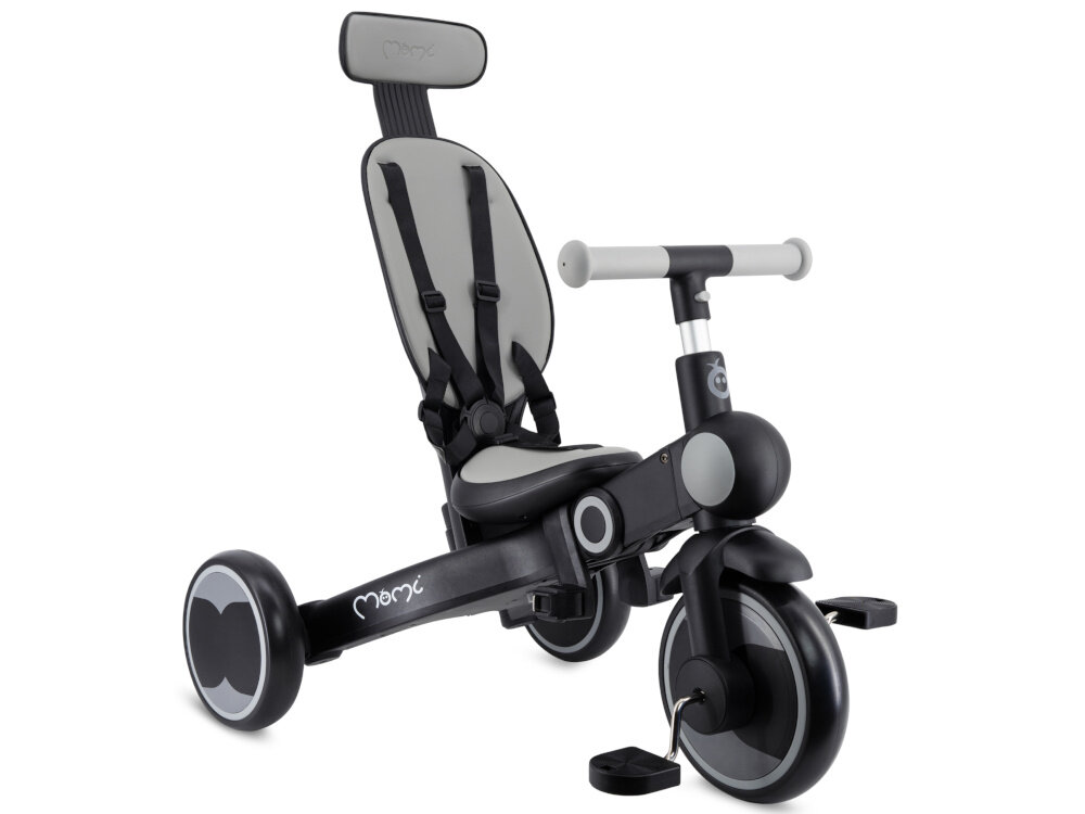 Rowerek trójkołowy MOMI Solivia 4w1 Opony Eva Szary rączka rowerek na białym tle widoczny od przodu pod skosem bez daszka regulacja kierownicy w zakresie 52–57 cm jeden przycisk zagłówek i siedzisko również można dopasować do wzrostu dziecka wygodna jazda maluch utrzymuje bardziej naturalną postawę