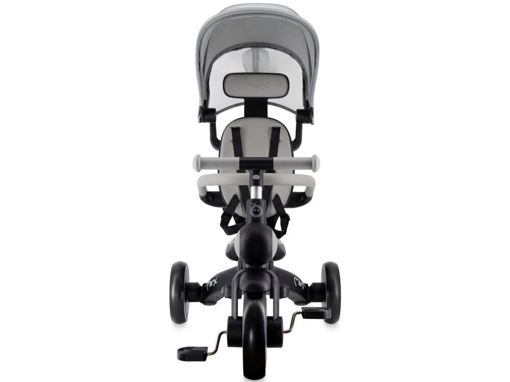 Rowerek trójkołowy MOMI Solivia 4w1 Opony Eva Szary rączka rowerek na białym tle widoczny od przodu siedzisko oparcie zagłówek i pałąk obszyte miękką ekoskórą wygodę miękkie materiały dla dzieci o maksymalnej wadze do 25 kg