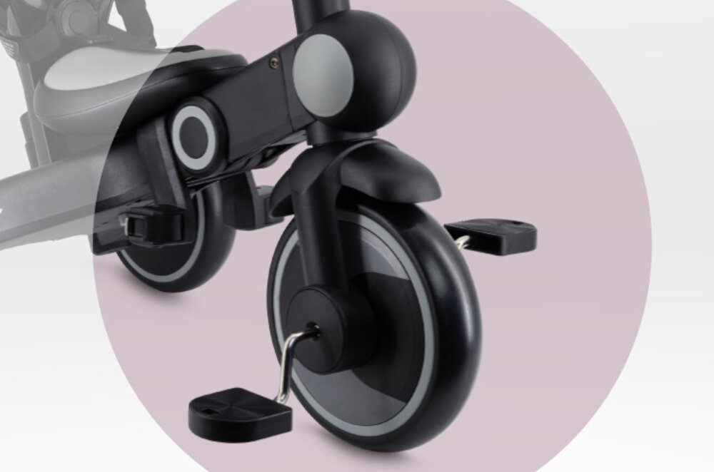 Rowerek trójkołowy MOMI Solivia 4w1 Opony Eva Szary rączka zbliżenie na przednie koło koła EVA o wielkości 8 cali z przodu i 7 cali z tyłu płynna jazda po chodnikach i parkowych ścieżkach bezobsługowe stabilność i lekkość